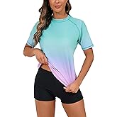 Halcurt Women Short Sleeve Two Piece Rash Guard Set UPF 50 Swim Shirt with Board Shorts