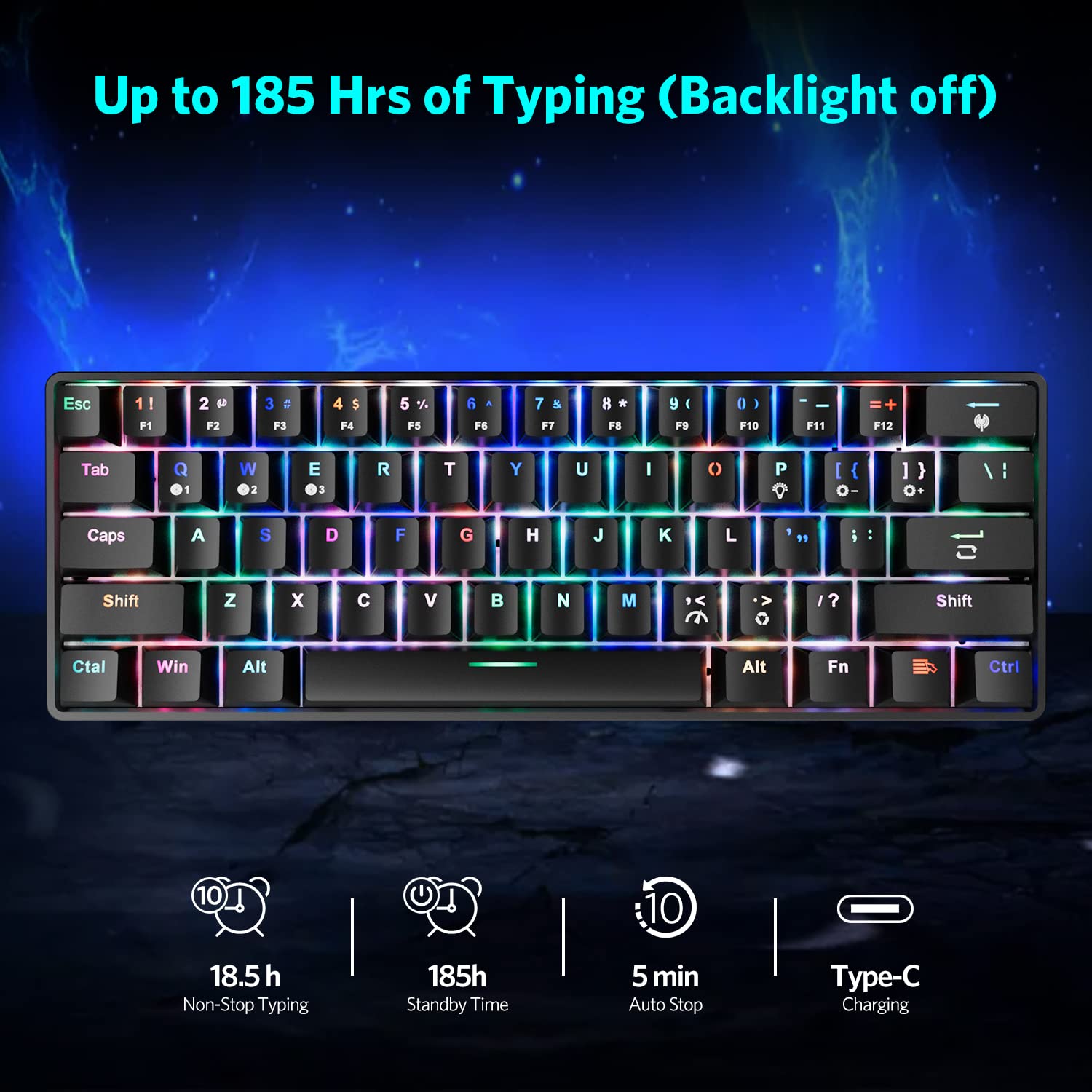 61 Keys RGB Wireless and Wired Mechanical Gaming Keyboard with Blue Switches, Audible Click Sound Rainbow Portable Compact Mini Office Keyboard for Windows PC Gaming, (F-SG61)