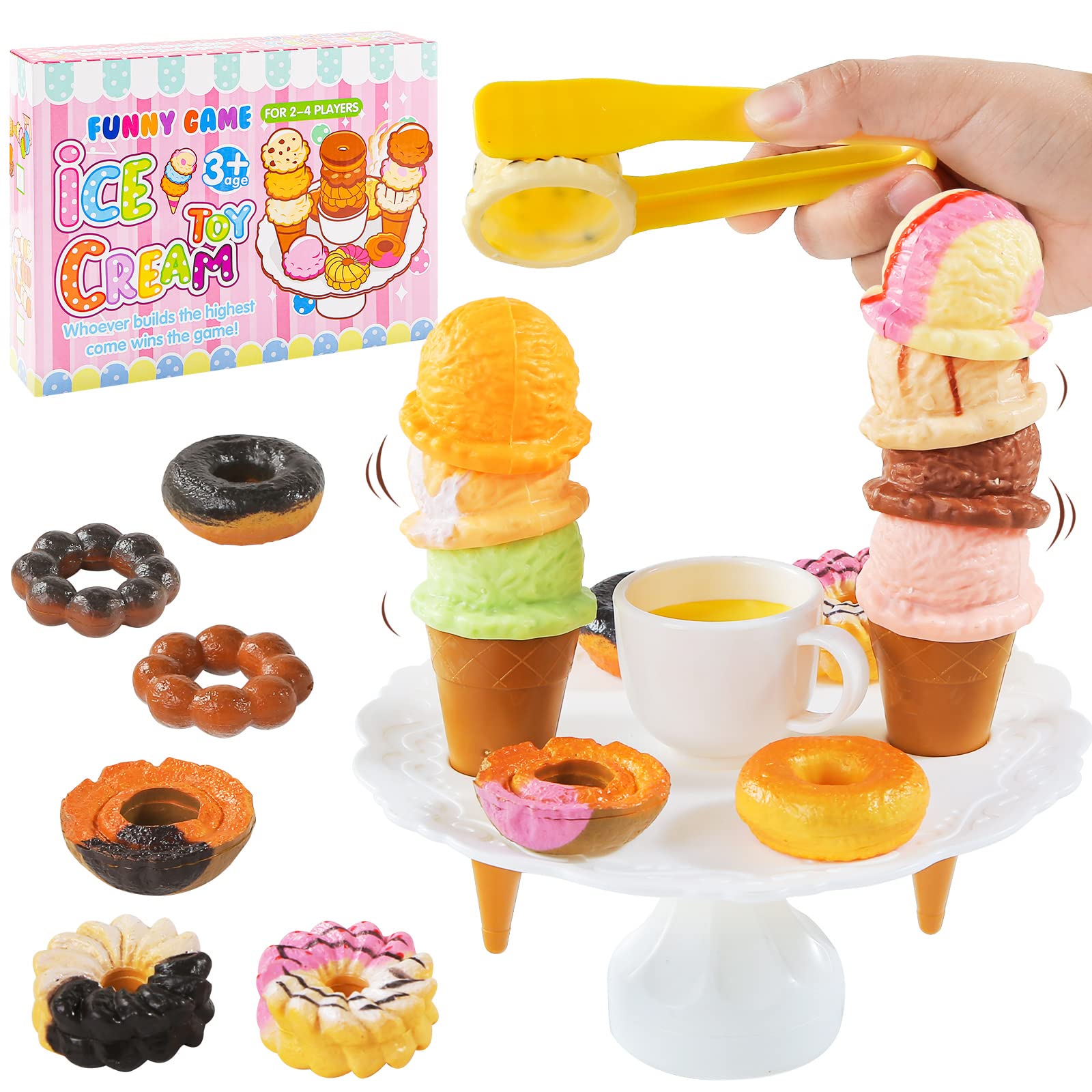 MCPINKY Pretend Play Food Set，Pretend Ice Cream Tower Balance Game Donuts Stacking Toy Play Kitchen Tea Set Educational Gifts for Boys Girls Kids