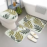 Tinideya Bathroom Rugs Sets 3 Piece, Non Slip Water Absorbent Plush Leaf Bathroom Rugs and Adjustable Toilet Seat Covers Decorative Mats for Bedroom Living Room