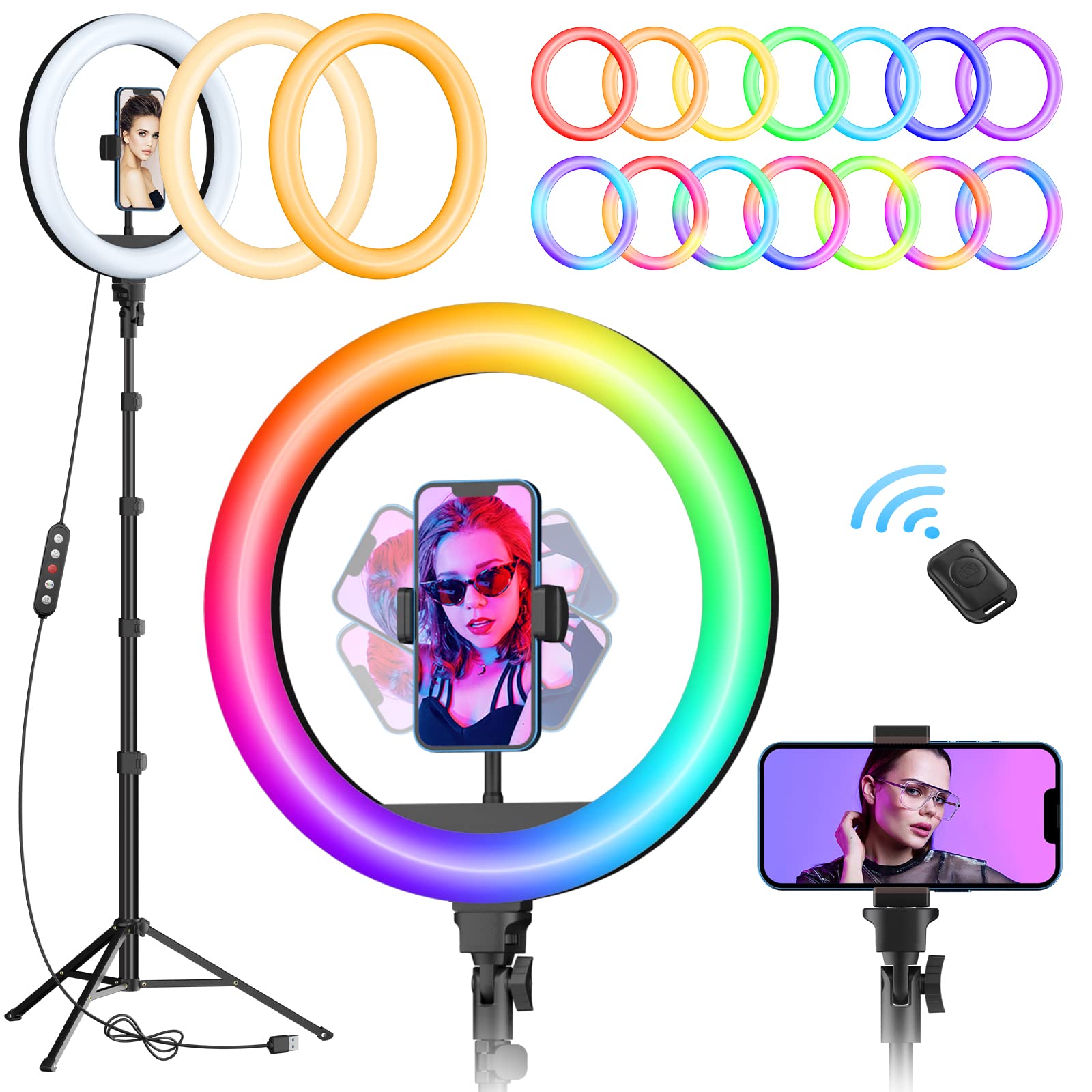 TODI 12" RGB Ring Light with 63" Tripod Stand, 3 CCT Mode and 39 Color Mode Selfie RingLight with Stand, 2-in-1 LED Ring Light with Selfie Remote, for Makeup, Live Stream