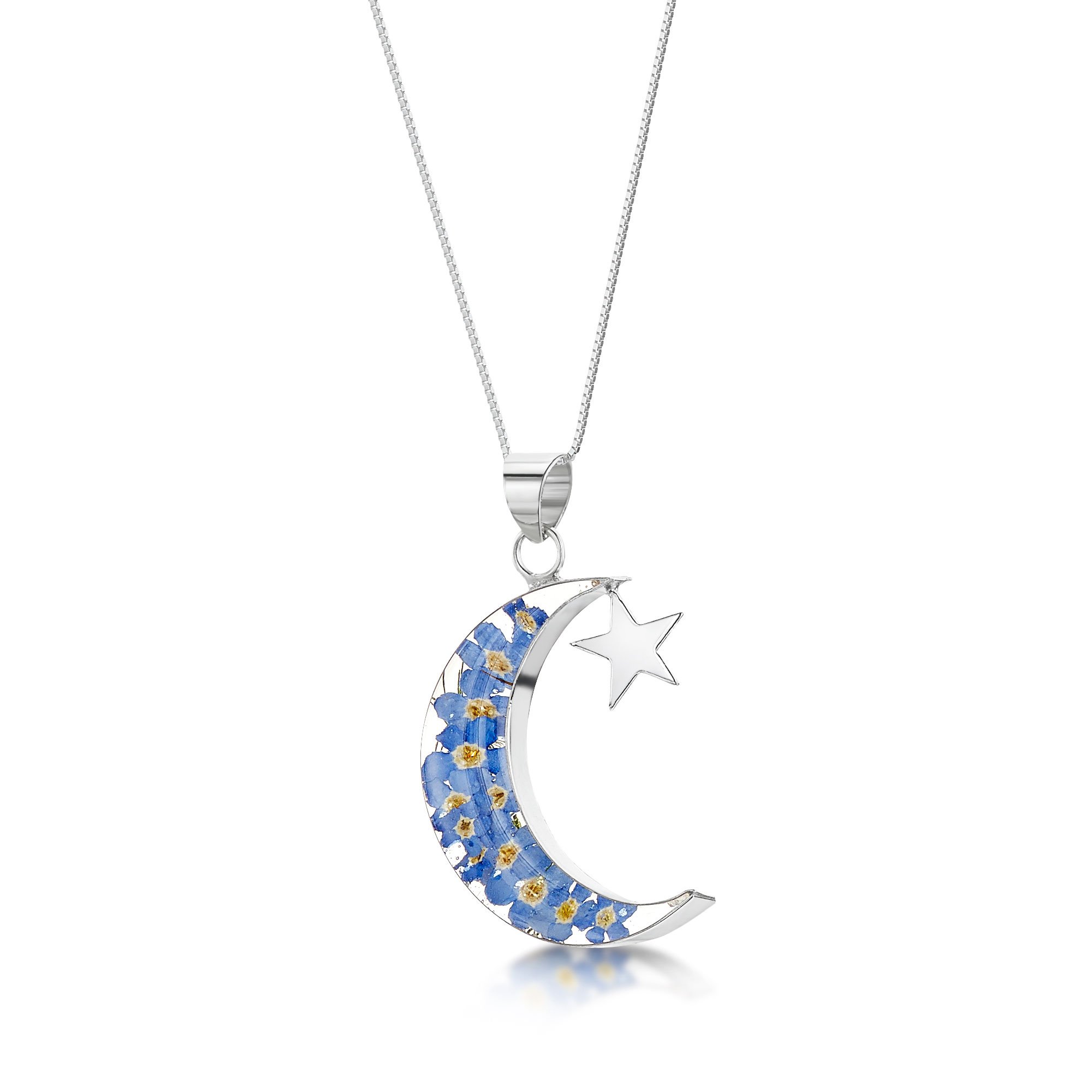 Shrieking Violet 925 Sterling Silver Moon and Star Real Flower Pendant Necklace - Forget-Me-Not (Blue)