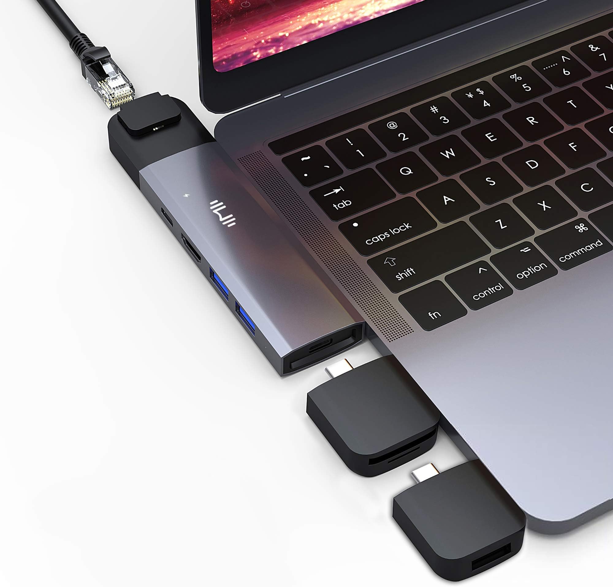 IIMII Modular USB C Hub, Type-C Adapter Dongle, Compatible with MacBook Pro 13''15'' 2016/17/18, MacBook Air 2018, Ethernet, HDMI, Thunderbolt 3 Pass-Through Charging, USB 3.0 and More (Space Gray)