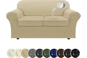 Pfrstuv 100% WaterproofLoveseat Cover 3-Piece Set Striped Loveseat Slipcovers for 2 Cushion Couch Sofa Covers with TPU Leakproof Bottom Stretch Couch Protector Pet Proof - Loveseat, Camel