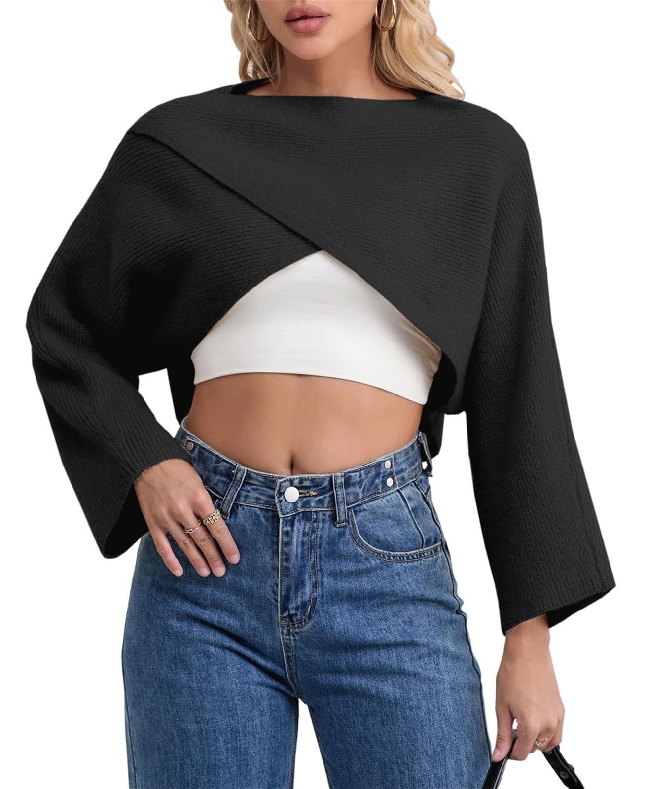 Photo 1 of Women's Boat Neck Sweater Long Sleeve Cross Wrap Asymmetrical Hem Cropped Pullover Jumper Tops, Black, US X-Large