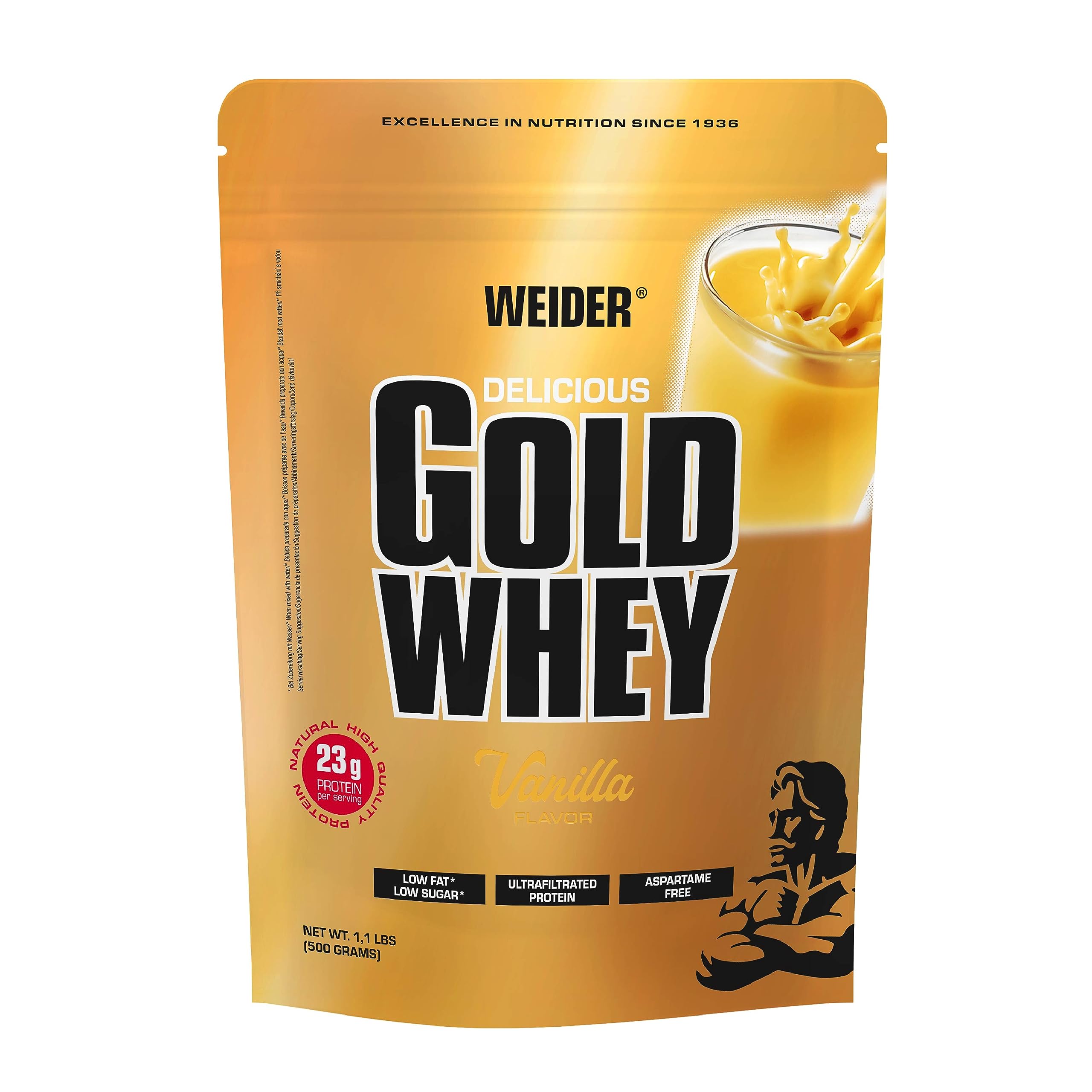Weider Gold Whey Protein, Vanilla, Natural High-Quality Protein Source, 24g of Protein Per Serving, 500g