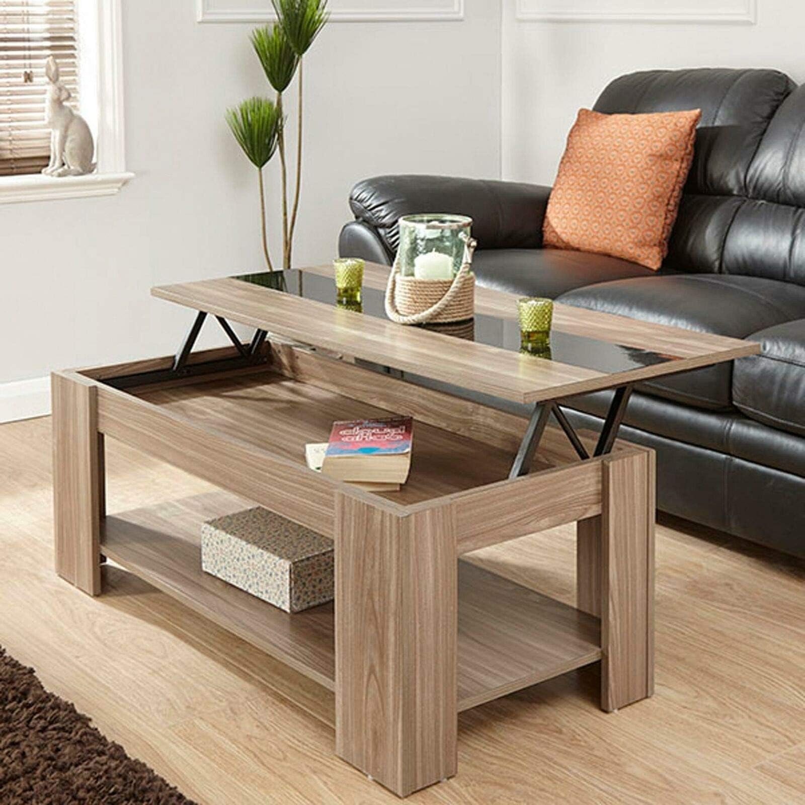 Mediterraneoimport Coffee Table With Lift Up Mechanism Oak Black Useful Wood Lid Modern Elegant Resistant Eat Dinner Lunch Snack Breakfast Top Multifuncional Living Room
