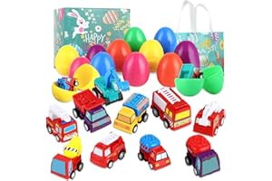 AKAAYUKO Easter-Egg with Toys Inside, 12 Pack Plastic Prefilled Easter-Egg Fillers Pull-Back Engineering Vehicles, Easter Basket Stuffers for Filled Easter-Egg Hunt Kids Toddler Boys Gifts Party Favors