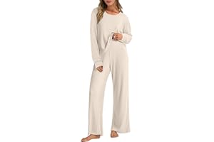 ANRABESS Women 2 Piece Lounge Pajamas Sets Casual Ribbed Knit Long Sleeve Top Pants Matching Set 2025 Fall Outfits Clothes