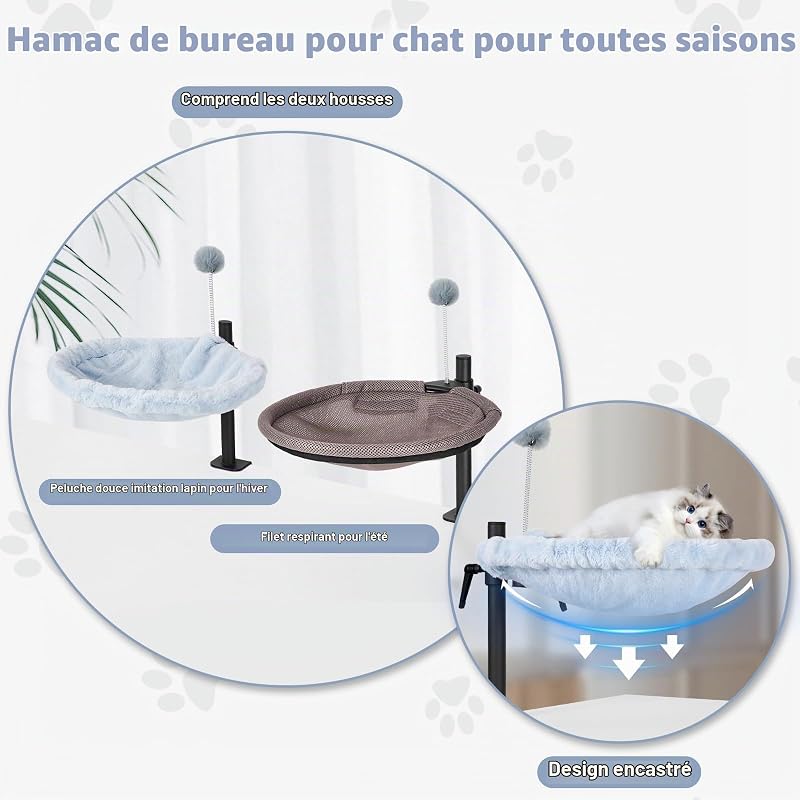 Lit de Bureau pour Chat - Rotation à 360° réglable en Hauteur - Hamac pour Chat d'intérieur avec Maille et Tissus lavables en Peluche (Blanc)
