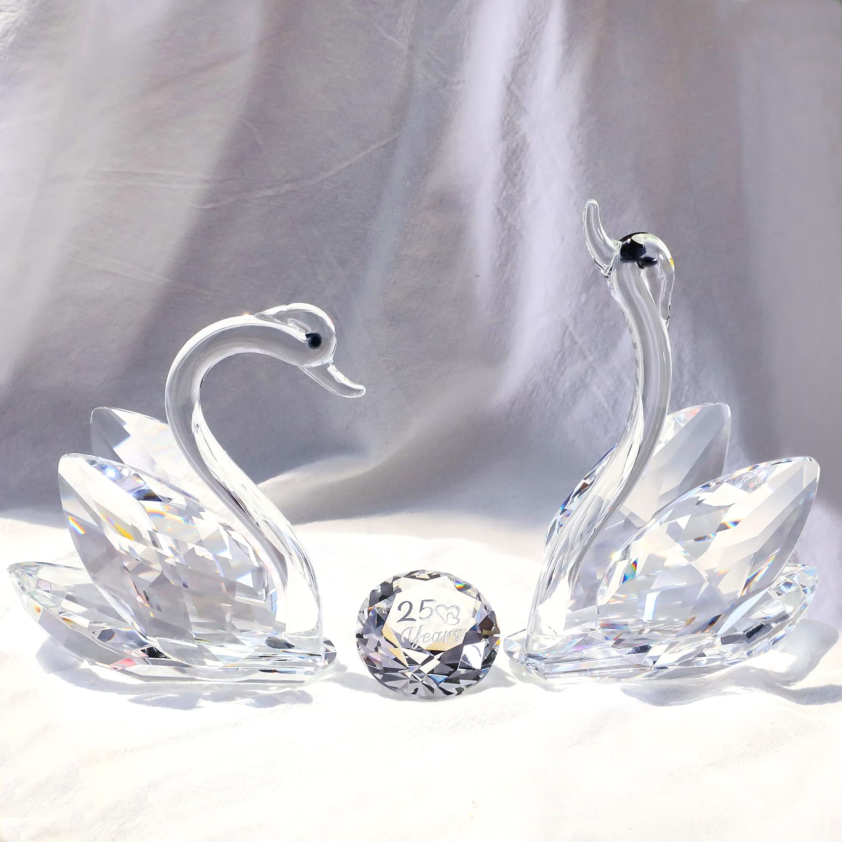 Double Crystal Swans Ornaments 25th Anniversary Wedding Gifts for Couples, 25 Years of Love Anniversary Presents Glass Swans Figurines Collectible with Silver Cut Diamond — image 1