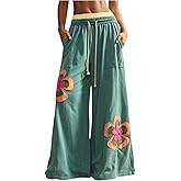 BEAUDRM Women's Y2K Floral Boho Baggy Pants Wide Leg Sweatpants Low Rise Pant Elastic Waist Trousers with Pocket