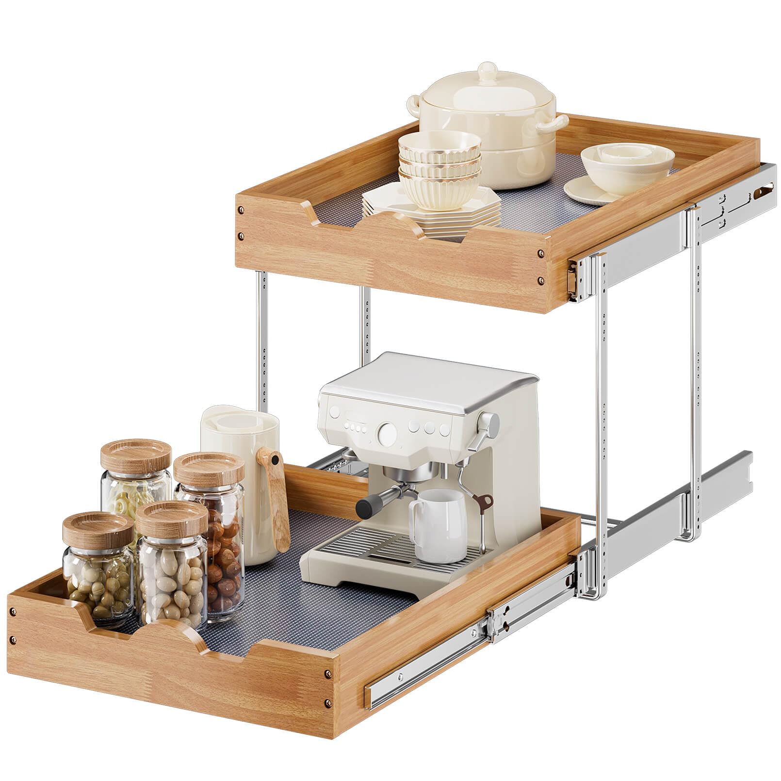 Photo 1 of **RECOMENDED FOR PARTS / HAS BROKEN PIECES *** OCG 2 Tier Pull Out Cabinet Organizer (17"W x 21"D), Double Tier Slide out Wood Drawer Shelf, Pull Out Shelves for Base Cabinet Organization in Kitchen, Pantry, Bathroom