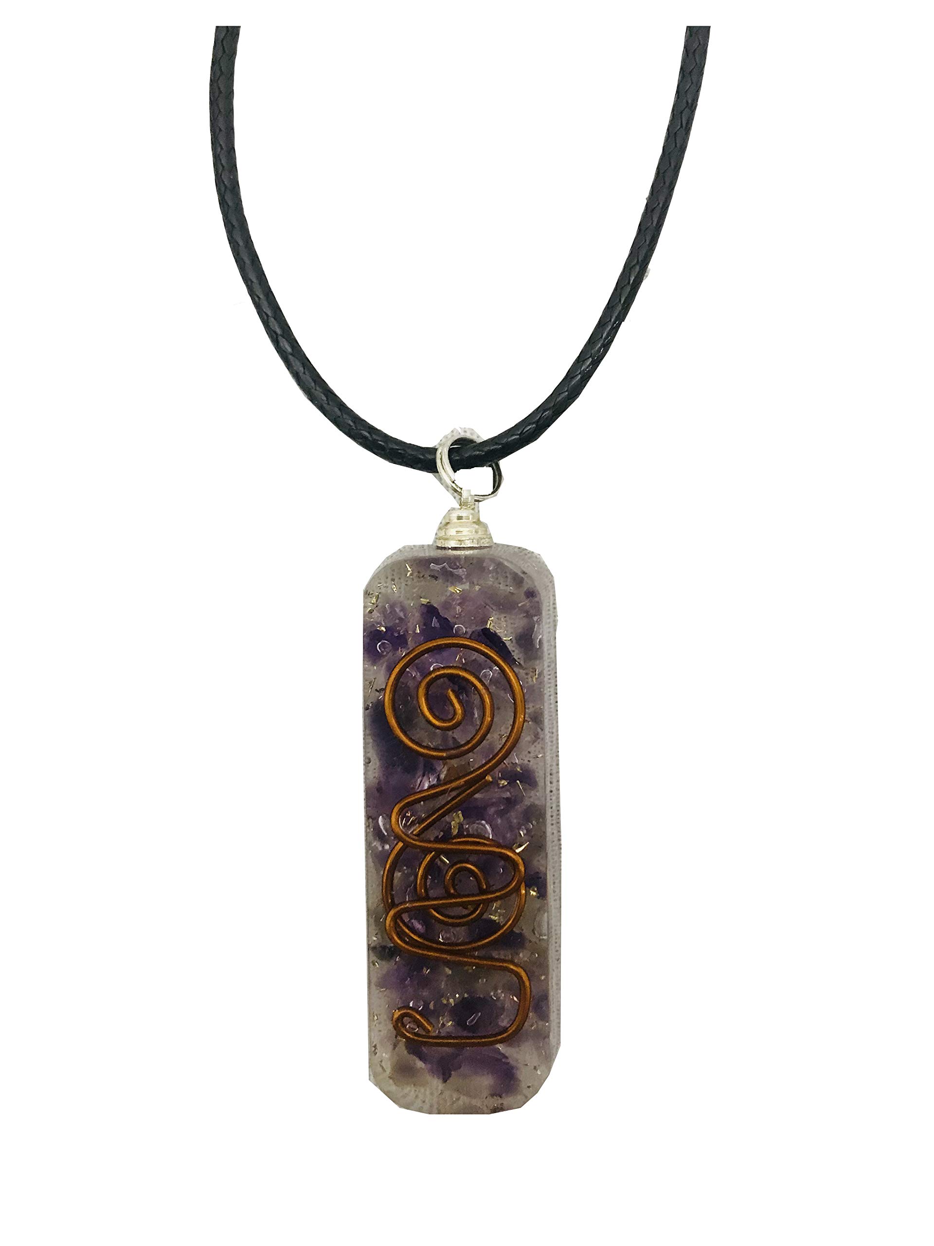 Amythest Crystal Orgone Pendant stone Gemstone Purple Pendant with Wax Cord Rope Chain for Necklace Energy Generator Used for Spiritual Connections, Enlightenment Energy Gift Him Her