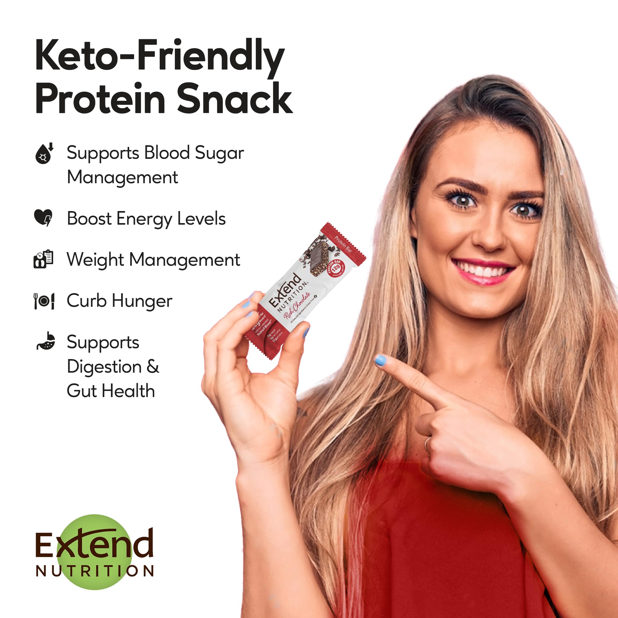 Extend Nutrition Sugar Free High Protein Bars, Perfect Sugar Free Snacks for Diabetes, Protein Bars for Hunger Control & Steady Energy, Low Carb, Keto, Intermittent Fasting, Rich Chocolate, 12 Count