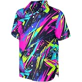 LESOCUSTOM 80s 90s Neon Hawaiian Shirt for Men Rave Party Beach Clothes | Chest Pocket, Lightweight, Breathable, Print, Easy Care, Casual, Tropical, Aloha, Cruise, Vacation, Luau, Party, Holiday