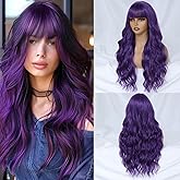 Dark Purple Wig with Bangs for Women, Long Wavy Purple Wig 26 Inch Wigs Heat Resistant Synthetic Colorful Wig