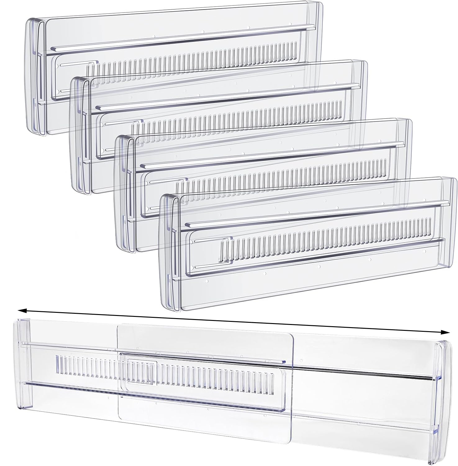 Yowlens 4 Pack Adjustable Drawer Dividers, 11.3-20" Clear Expandable Drawer Organisers for Clothing, Kitchen Utensils and Office Storage