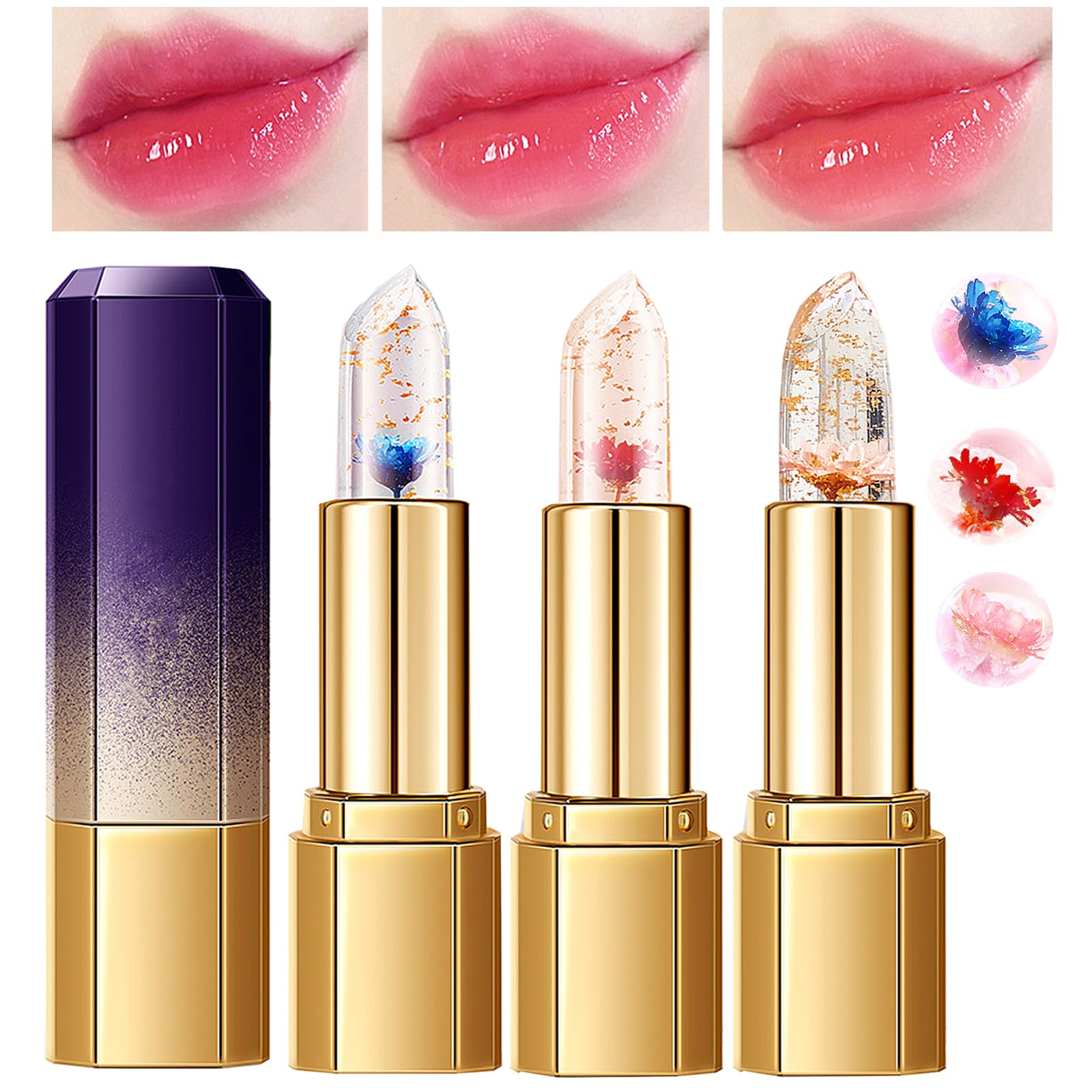 3 Pcs/Set Flower Jelly Lipstick Set Temperature Change Moisturizer Long Lasting Nutritious Balm Magic Color Change Lip Gloss