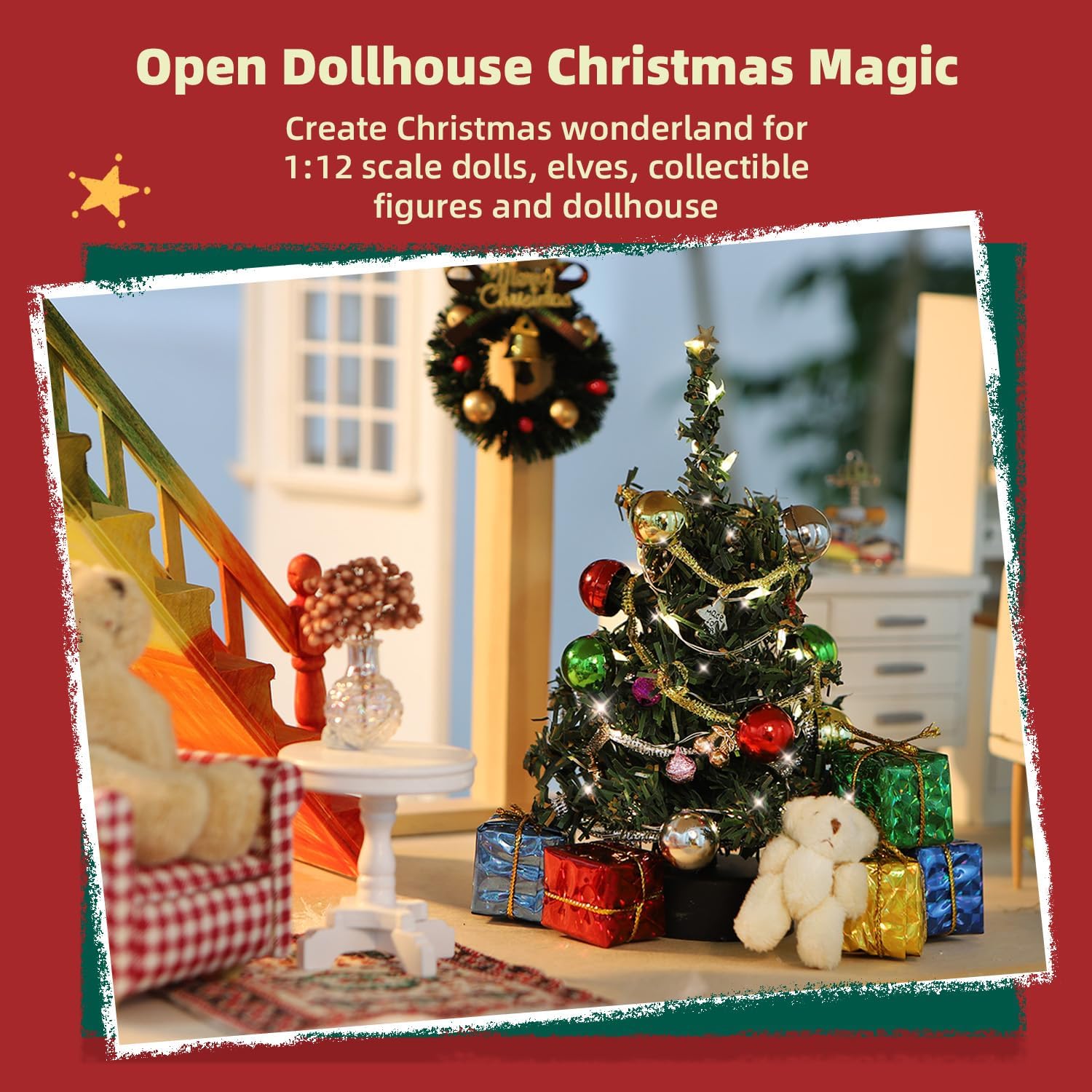 iLAND Dollhouse Accessories Mini Christmas Tree with Lights 6 inch Dollhouse Christmas Decorations CuteTiny Xmas Tree Miniature Decor 1/12 Scale Accessories Shining Small Gifts