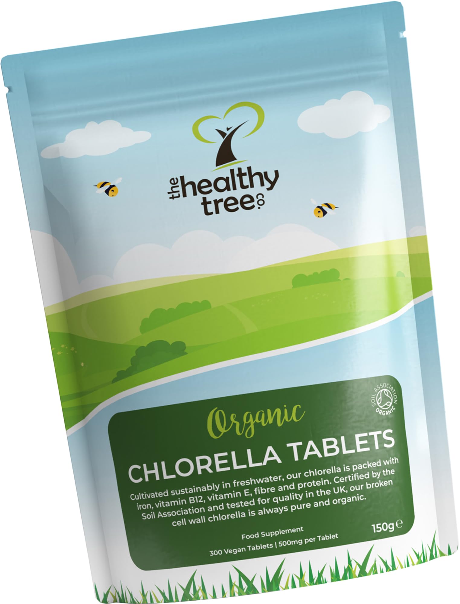 Organic Chlorella Tablets by TheHealthyTree Company - High in Vitamin B12 and E, Iron, Protein and Amino Acids - UK Certified Cracked Cell Wall Vegan Chlorella, 300 x 500mg (150g)