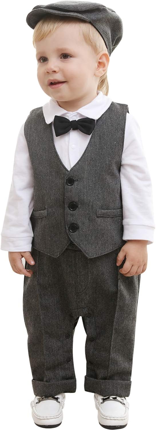 ZOEREA Baby Boy Outfits Set, 3pcs Long Sleeves Gentleman Jumpsuit & Vest Coat & Berets Hat with Bow Tie: Clothing