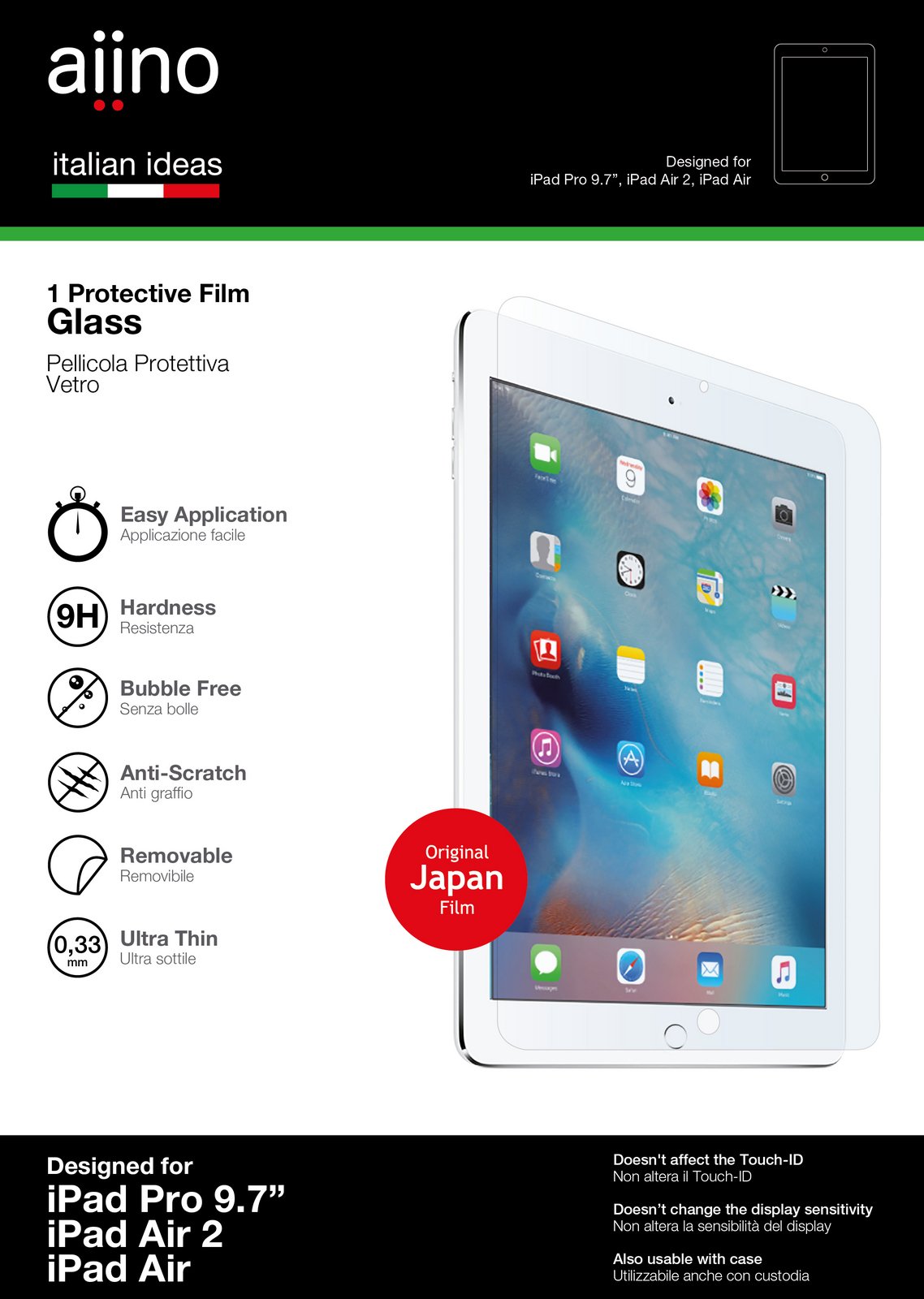 Aiino aispapipa-gls Screen Protector for iPad Air, Air 2, Pro 9.7 and 9.7, Transparent