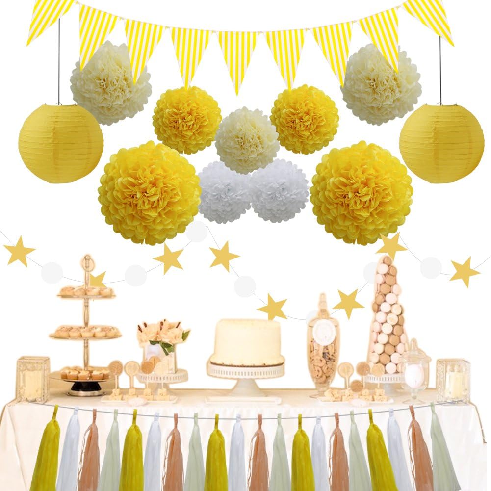 33pcs Party Decoration Supplies Set, Yellow Tissue Paper Pom Poms Flowers Paper Lanterns Tassels Hanging Garland Banner Triangle Flag Bunting for Birthday, Bridal, Baby Shower, Wedding Graduation: Arts, Crafts & Sewing