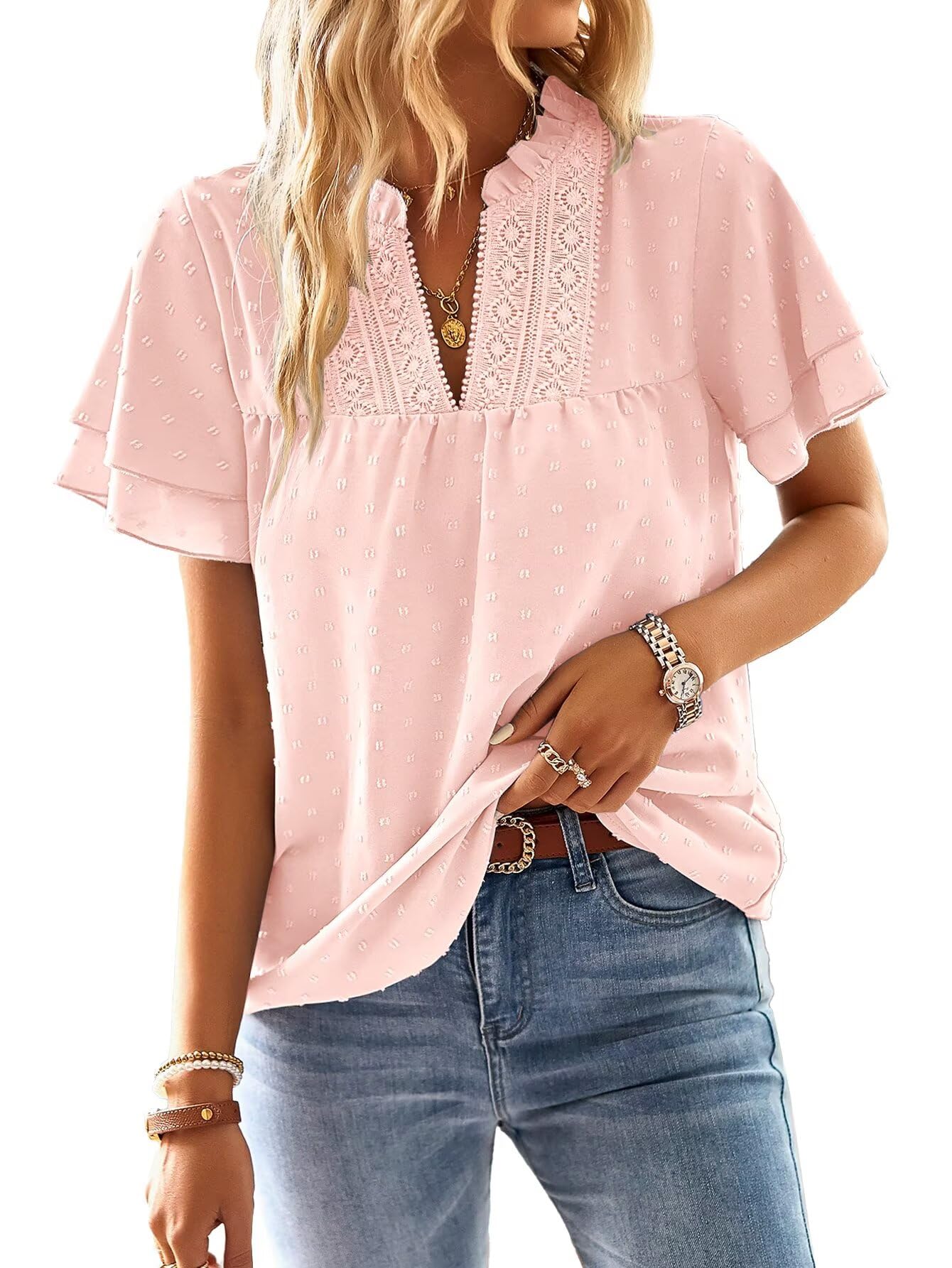 Falechay Womens Summer Tops Ruffle Sleeve V Neck Blouses for Women ...
