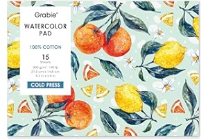 Grabie Watercolor Paper Pad, 100% Cotton Pulp, 15 Sheets, A5 (8.3 x 5.8), 140lb (300gsm), Glue Bound, Acid-Free Cold Pressed Watercolor Paper, Art Supplies for Watercolor Techniques (A5)