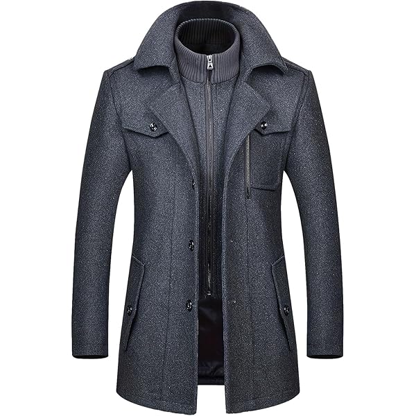 INVACHI Men's Wool Blend Coat Double Collar Trench Coat Single