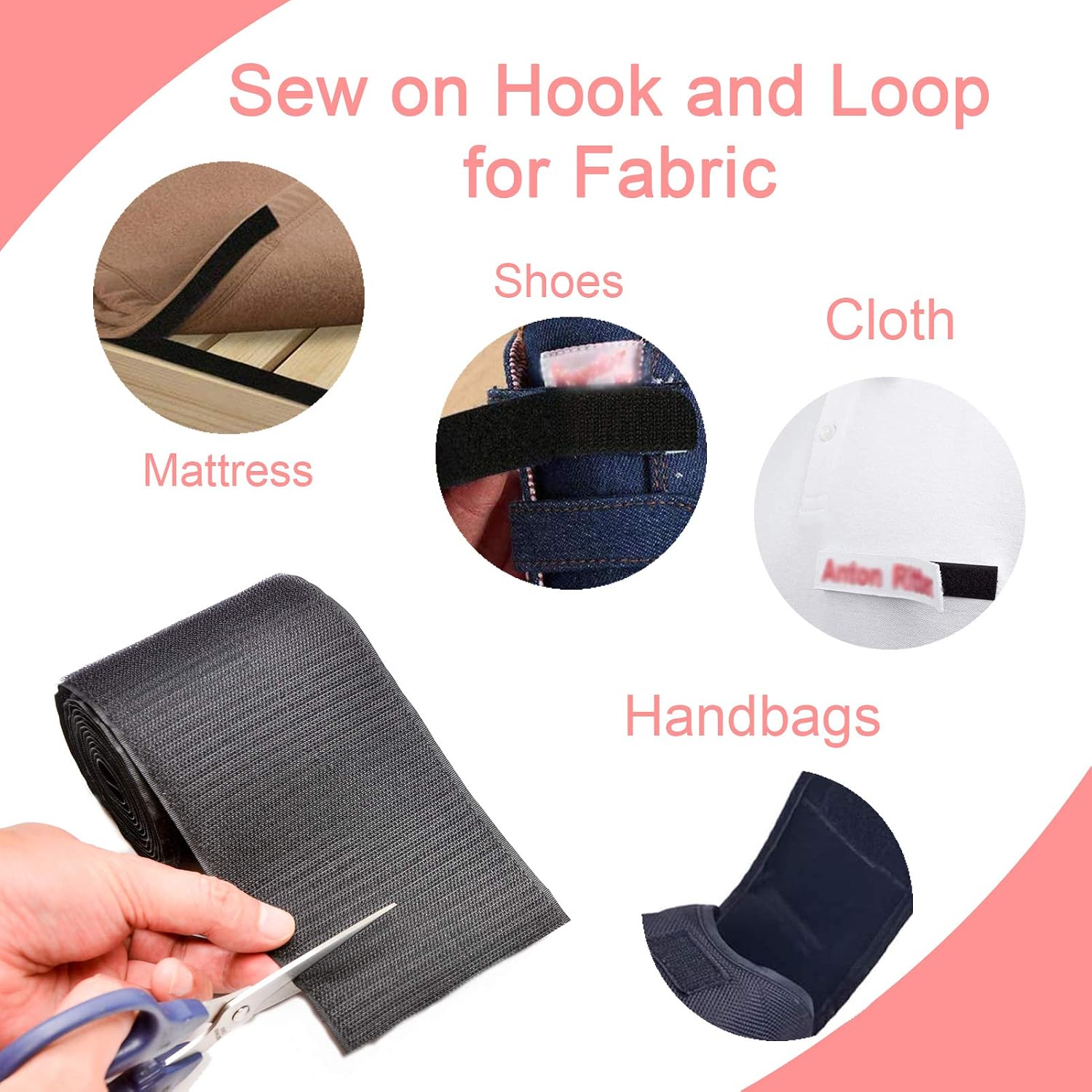 TEUVO Sew on Hook and Loop for Fabric Non Adhesive Black Nylon Strips Set for Cable Management Sewing - Image 4