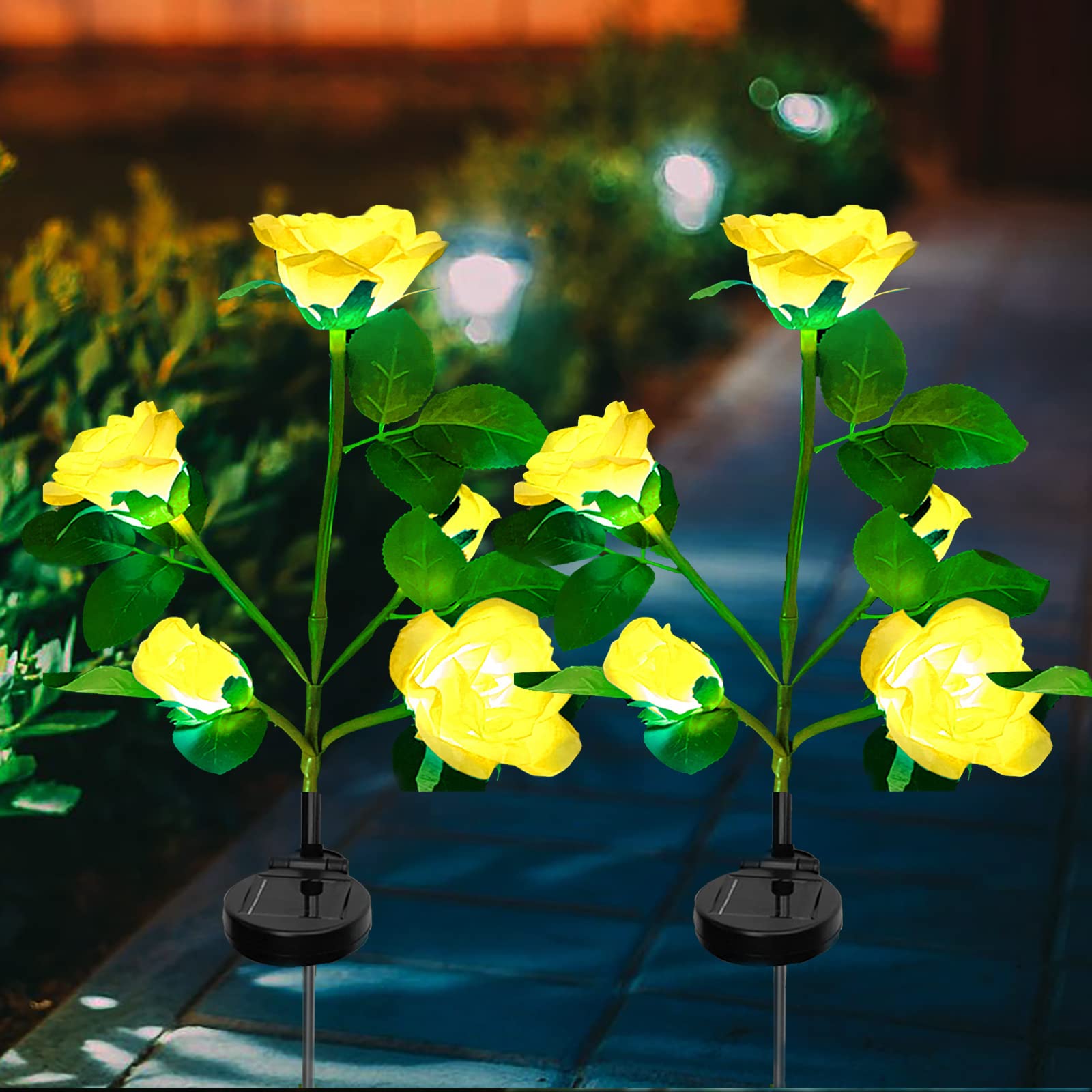 Ovker Solar Flower Lights Outdoor Garden, 2 Packs Solar Garden Lights with 10 LED Bigger Rose Flowers, Solar Waterproof Stake Lamps for Christmas Pathway Lawn Yard Fence Grave Decoration(Yellow)