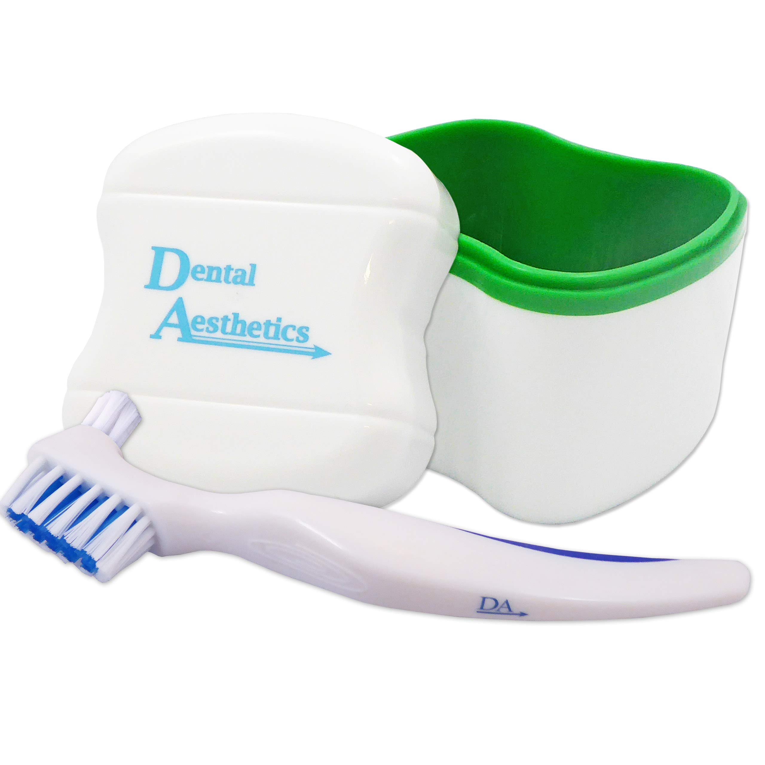 Denture Bath & Brush ~ Storage Container for Soaking Dentures, Brush with Double Bristle Head (Green Bath)
