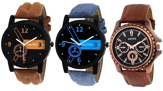 Matrix Black Dial & Multicolor Leather Strap Analog Watches for Men/Boys - Combo (Pack of 3) - (TRP-14)