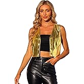 Allegra K Women's Crop Jacket Sleeveless Holographic Metallic Vest