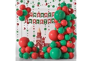 LYVEEF Christmas Balloons Garland Arch Kit Red and Green Balloons Pack With Merry Christmas Banner and Green Red Circle Dots Star Christmas Balloons Decorations Merry Christmas Party Decoration Supplies