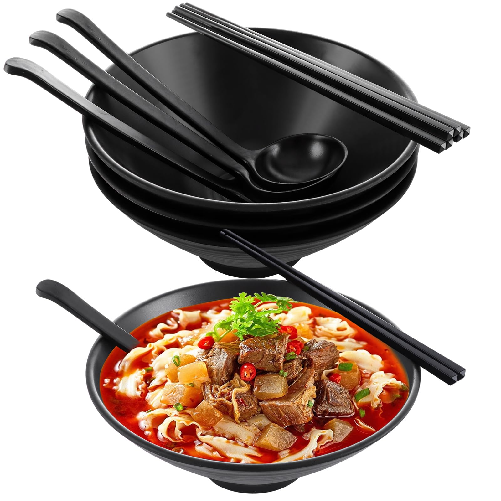 DAJAVE Ramen Bowls Set of 4 - Japanese Bowl 1200ml Melamine Bowls Large Ramen Noodle Bowl with Chopsticks and Spoons for Soup, Salad, Rice and Pasta Dishes