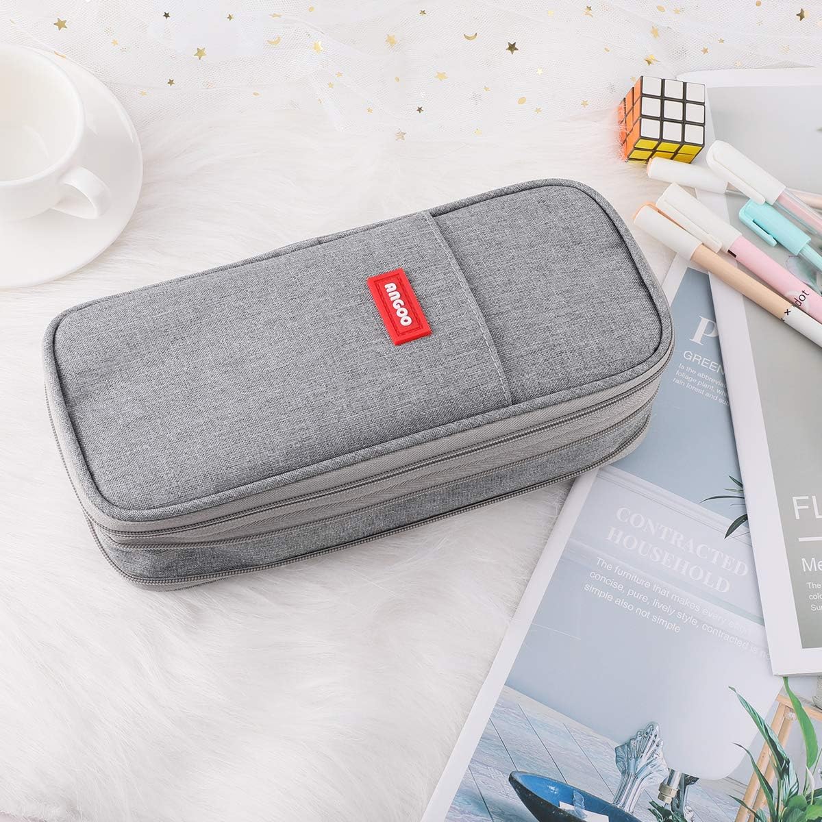 iSuperb Pencil Case Large Capacity Student Dark Grey Pencil Bag Canvas Pencil Pouch for Girls Boys ,Pen Stationery Storage Bag Double Zipper Pencil Organizer School Office - Image 5