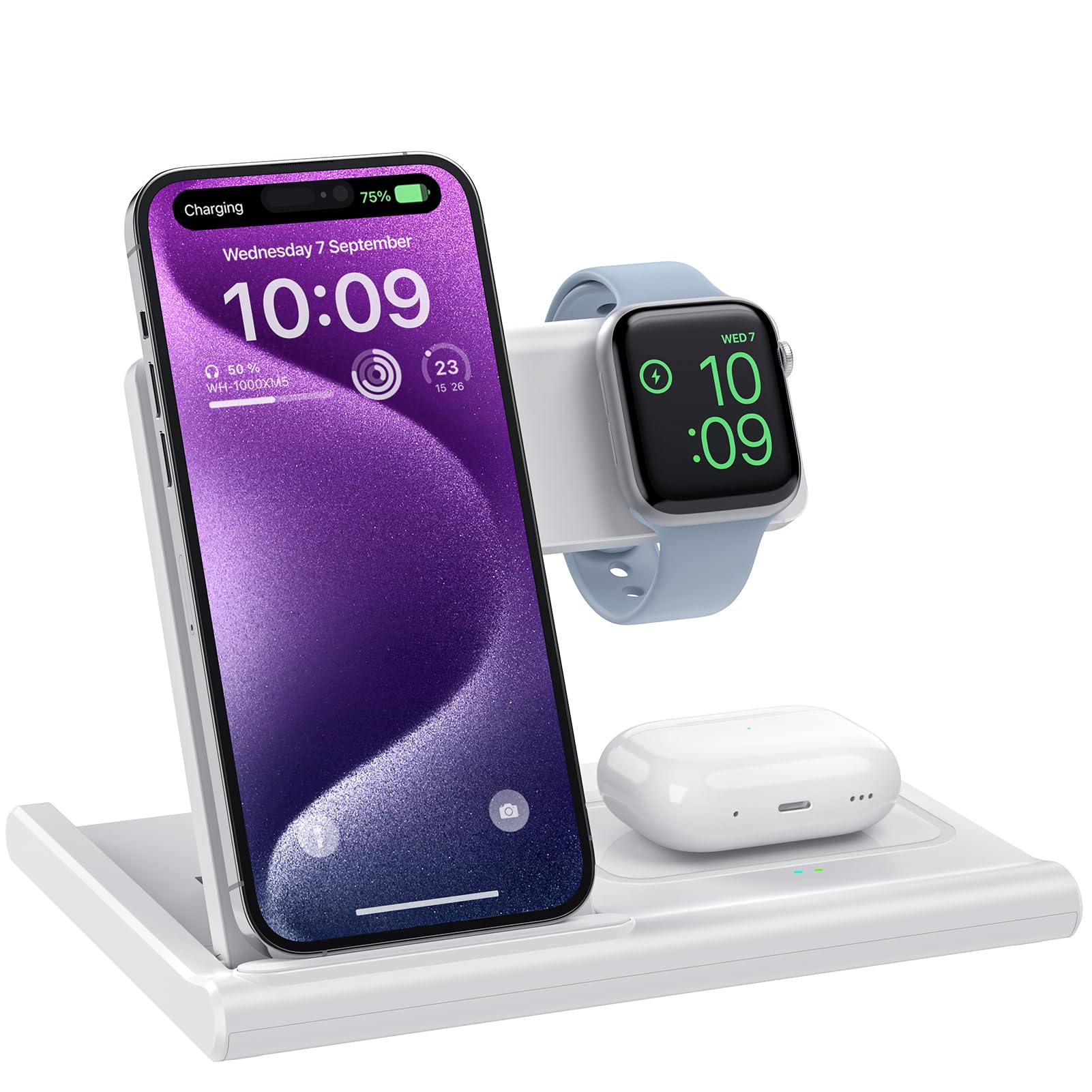 Wireless Charger,Foldable 3 in 1 Wireless Charger Stand for Apple Watch,Airpods Pro/3/2,Fast Wireless Charging Station for iPhone 17/Air/16/15/14/13/12/11/XS/XR/X/8（No Plug Included)