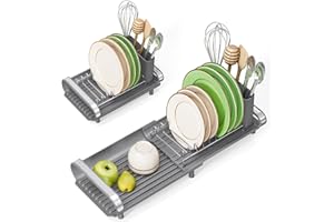 Small Expandable Dish Drying Rack – Compact Stainless Steel Dish Drainer with Removable Cutlery Holder, Anti-Rust Plate Rack 