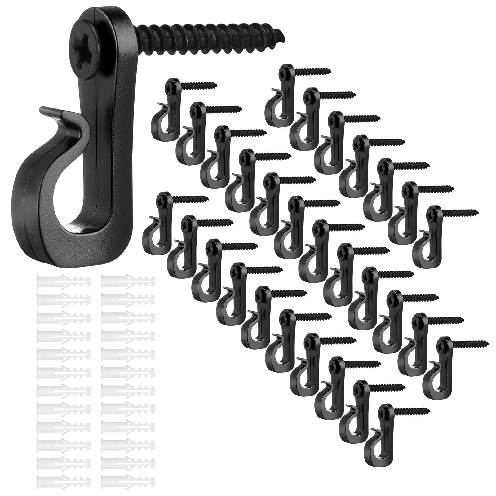 Huakaile 50pcs Hooks for Garden Lights with Safety Buckle Design, Anti-Rust Waterproof Fence Hooks for Outdoor Lights, Hanging Plants Wind Chime Basket Decorations Indoor Use (Black, 50)