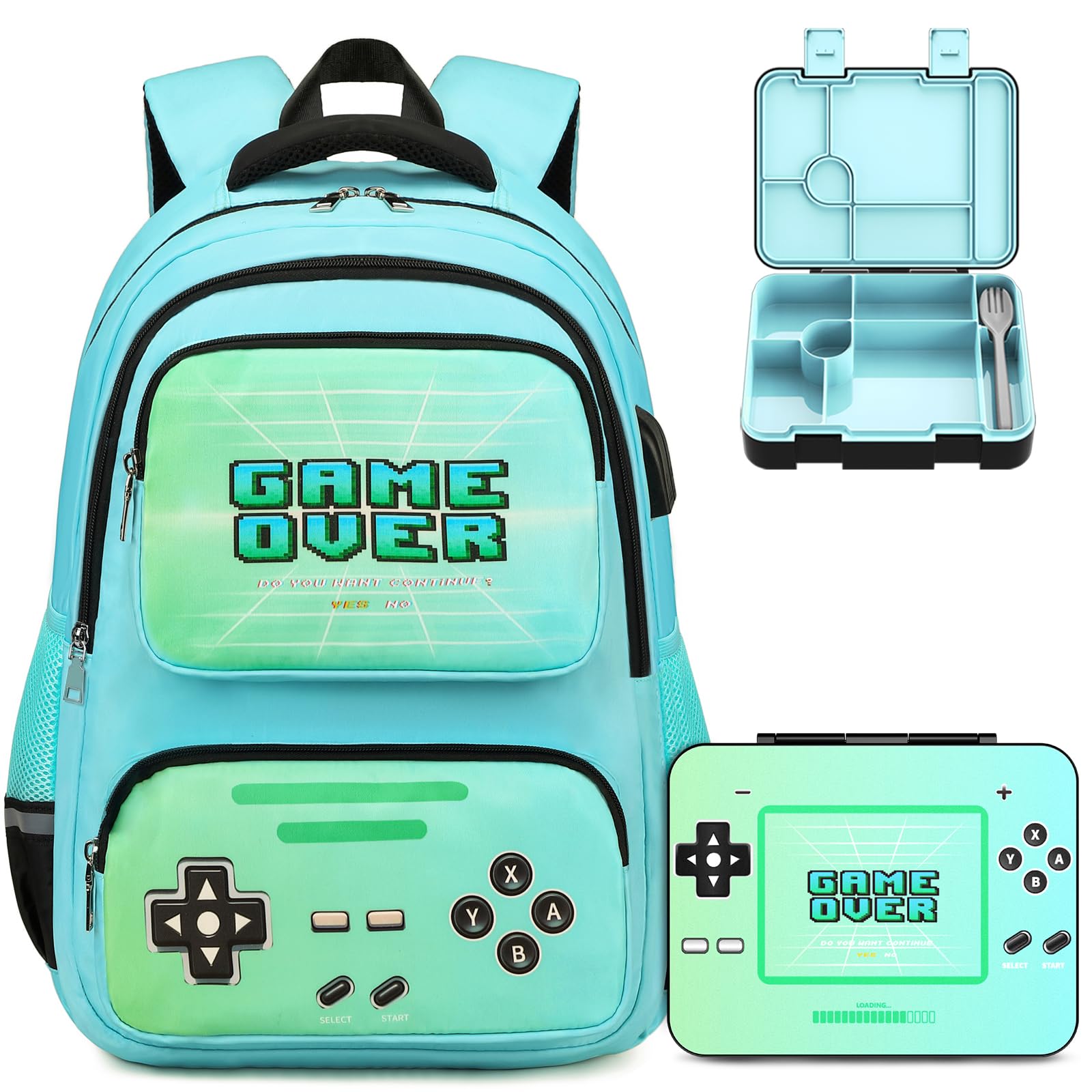 Photo 1 of ACESAK Game luminous Boys Backpack - Bento Box with Insulated Lunch Bag Pencil Case, Ice Pack & Utensils Set for Kids, 6 Leakproof Compartments Removable Tray Lunches or Snack Container (Green)