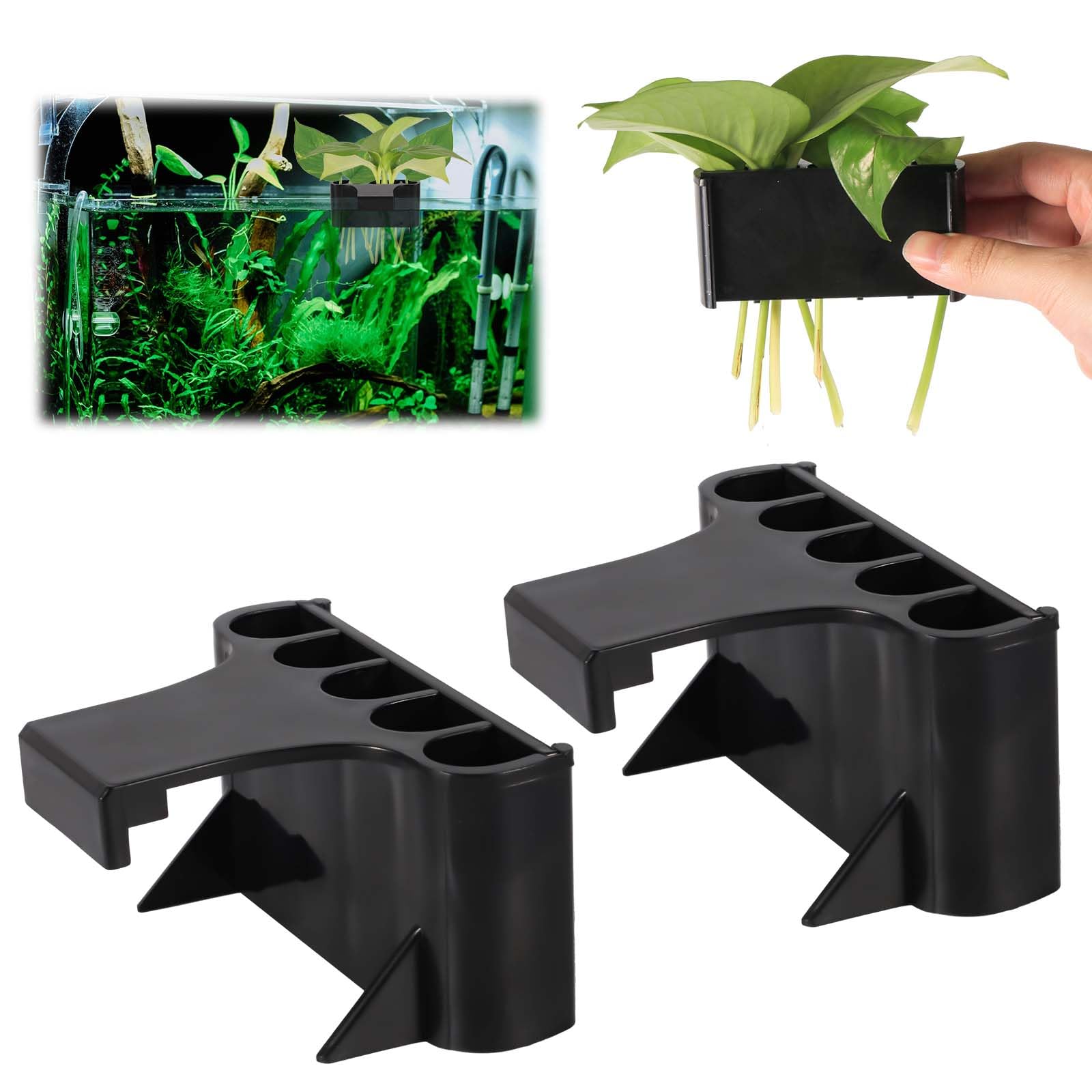 XIHIRCD 2pcs Aquarium Plant Holder, 5 Holes Aquarium Planter Box Plastic Aquatic Plant Cup Holder Hanging Aquarium Plant Basket Rack Stand Hanger Accessory for Fish Tank Decorations