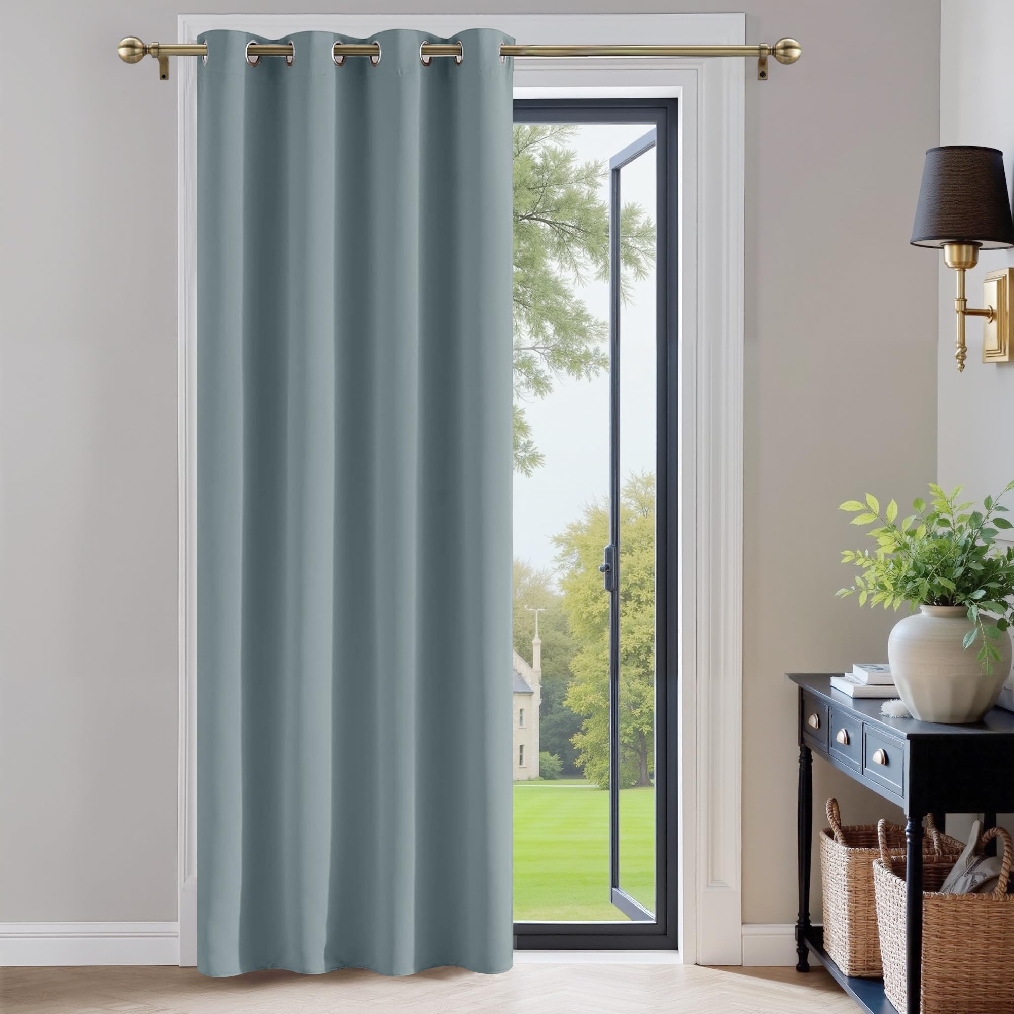 PONY DANCE Home Decorative Door Curtain - 84 Inch Long Thermal Insulated Blackout Curtain Material Eyelet Drape for Bedroom/Living Room, 52x84 Inch, 1 Panel, Greyish Blue — image 1