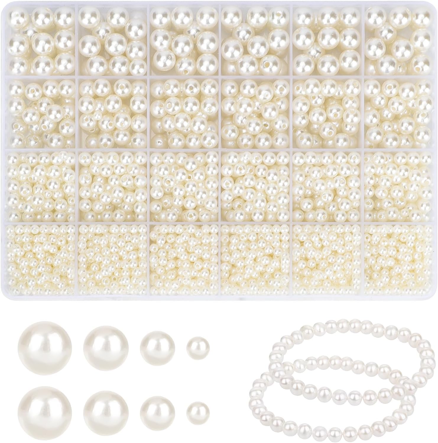 2120Pcs Pearl Beads, White Beads for Crafting 4/6/8/10mm, Ivory WhiteIvory Faux Fake Pearls with Holes for Bracelet Making, Bracelets, Necklaces, Hairs, Crafts, Decoration and Vase Filler