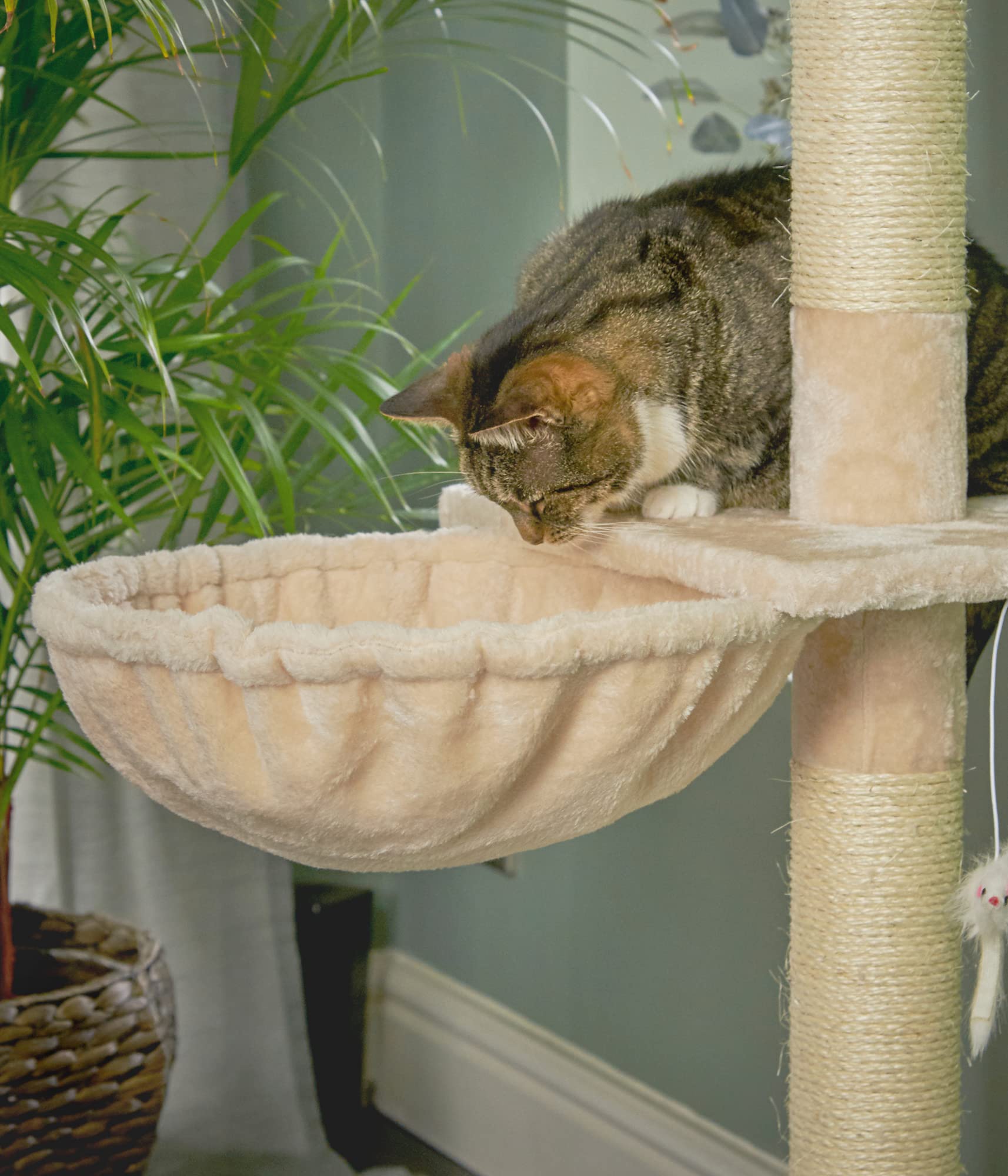 Runesol Cat Hammock Bed for use with Floor to Ceiling Cat-tree, Beige Plush Covered Cat Bed, Hammock Style Seat with Extra Thick Metal Frame of 40 cm Diameter