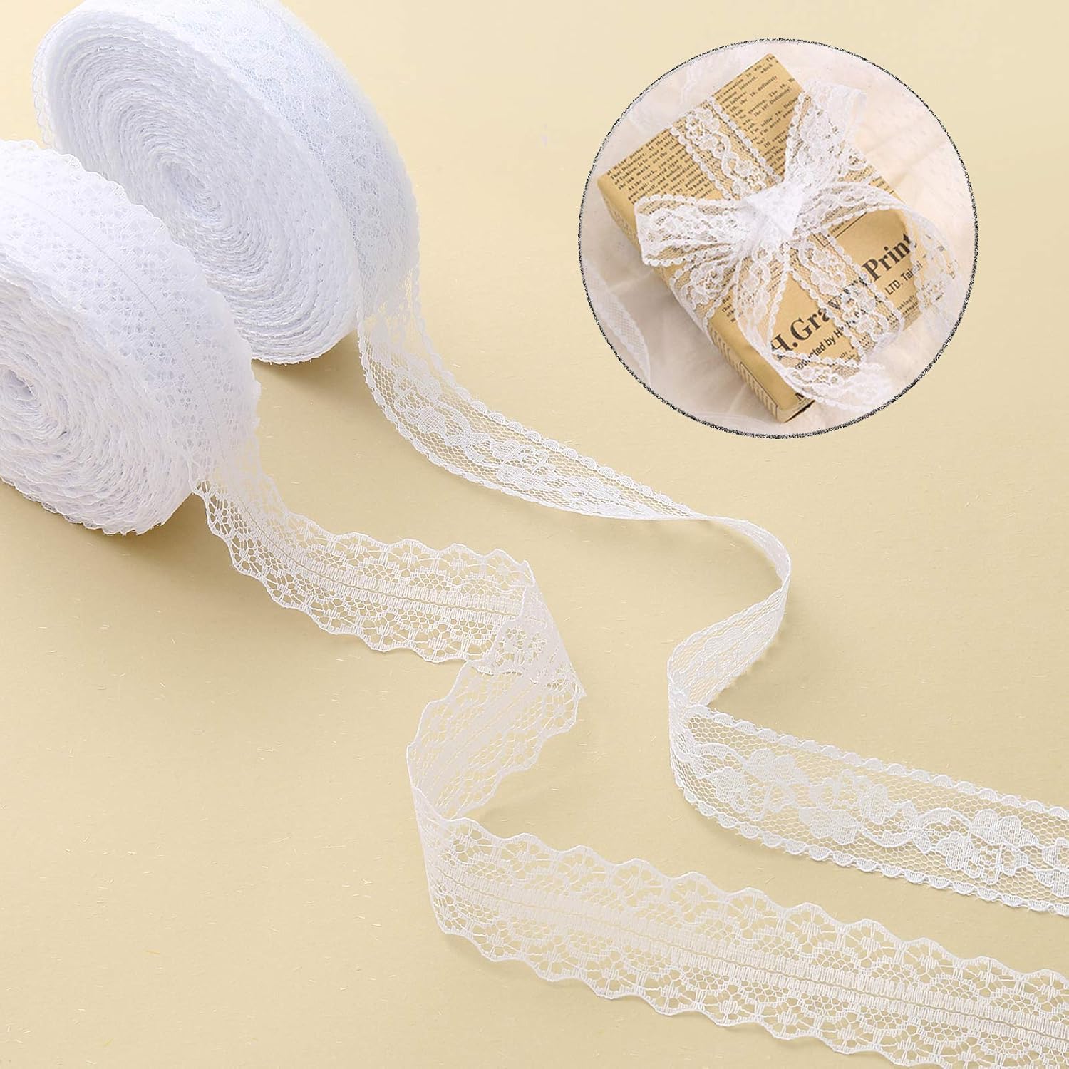 HERZWILD 50 m White Lace Ribbon Wide Floral Lace Trim Vintage Pattern Roll Ribbons Vintage Decorative Trim Crochet Fabric for Sewing Craft Wedding Decoration (White/A)