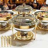 Chafing Dishes for Buffet 4 Pack, 6QT Gold Stainless Steel Round Chafing Dish, Food Warmers Buffet Set with Durable Frame and Easy Assembly, for Parties, Weddings, Christmas Gatherings, Catering