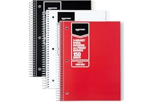 Amazon Basics Wide Ruled Spiral Notebook, 3-Subject with Pocket Divider, 150 Sheets, 10.5 x 8 inches, 3 pack, Assorted Primary Colors